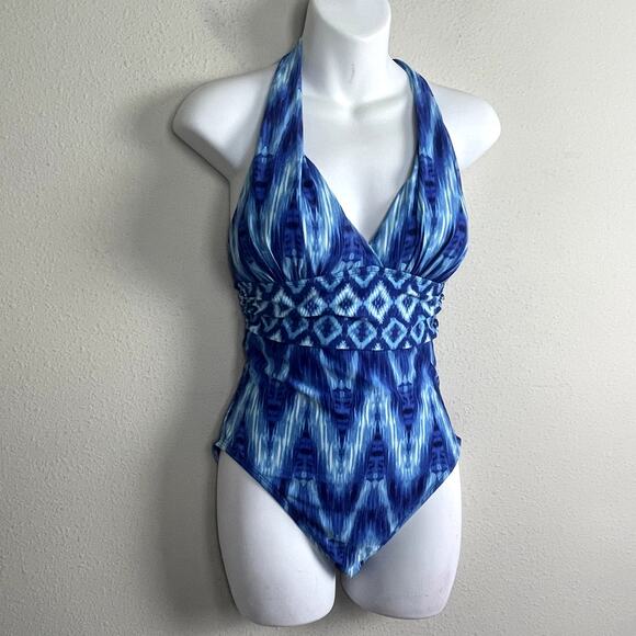 La Blanca Desert Mirage One Piece Swimsuit Size 6 –‎ Blue Batik Halter Geometric - Picture 4 of 11